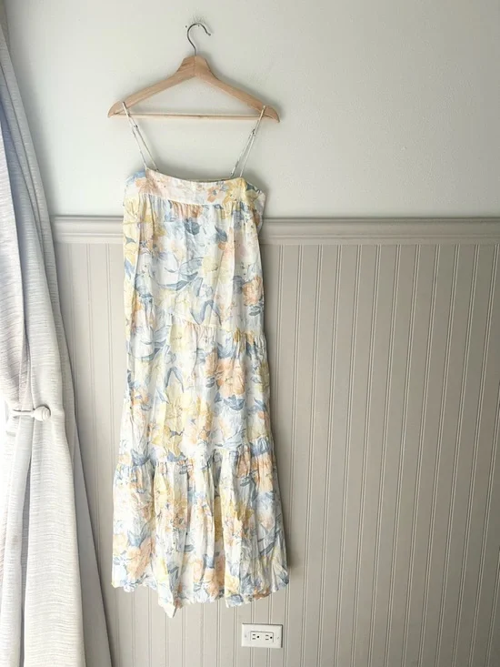 Abercrombie & Fitch Small Linen Blend Yellow & Blue Floral Tiered Maxi Dress - Picture 2 of 6